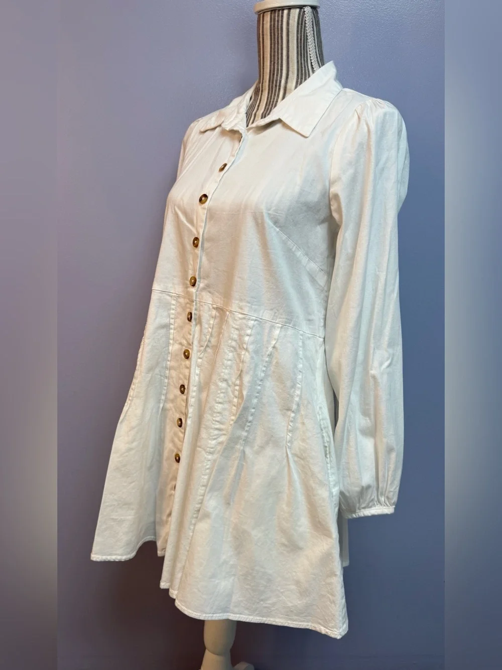 NWT Free People marvelous Mia long sleeve Button-Front Ivory Mini Shirt Dress XS - Picture 5 of 16